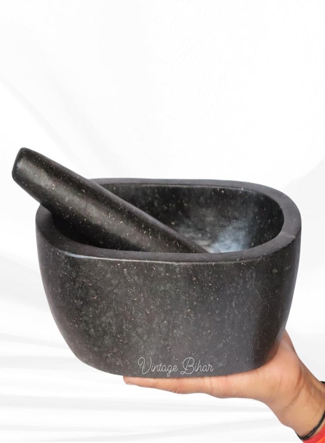VintageBihar Granite Stone Capsule Shape Mortar and Pestle - Khalbatta for Kitchen, Traditional Grinder for Spices, Chutneys, and Garlic (Length = 8 Inch) - Image 1